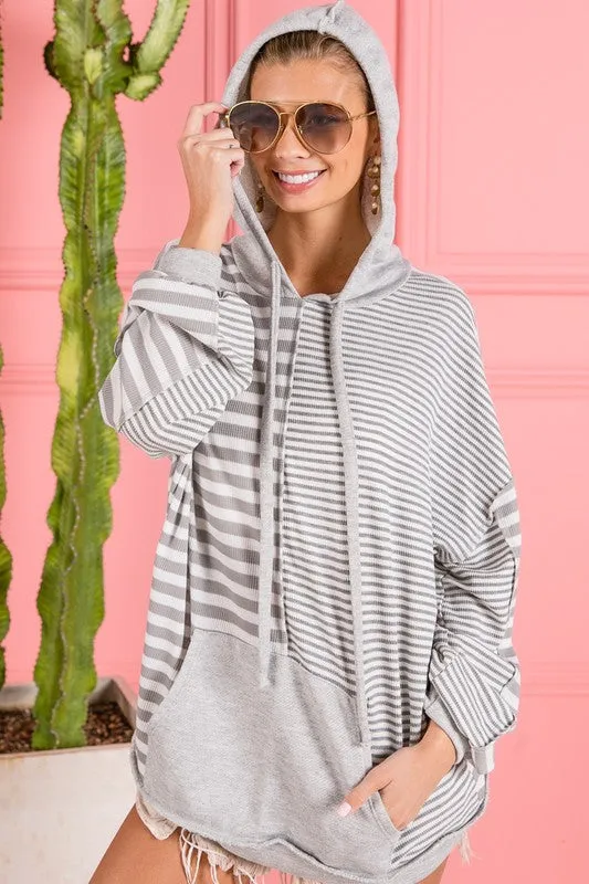Hazel Blues® |  BiBi Drawstring Striped Long Sleeve Hoodie with Kangaroo Pocket