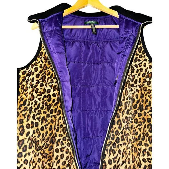 Lauren Ralph Lauren Womens 2X Puffer Vest Full Zip Up Cheetah Purple Quilted