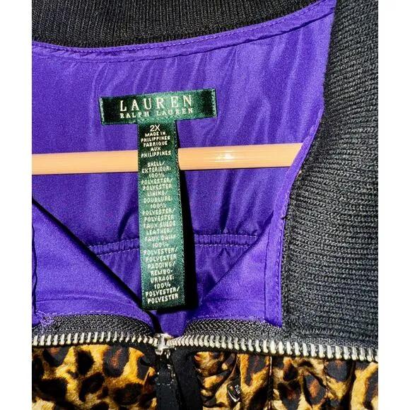 Lauren Ralph Lauren Womens 2X Puffer Vest Full Zip Up Cheetah Purple Quilted