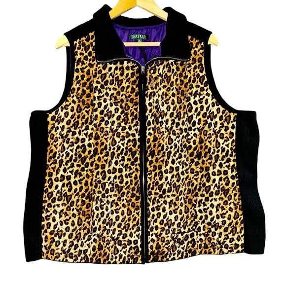 Lauren Ralph Lauren Womens 2X Puffer Vest Full Zip Up Cheetah Purple Quilted