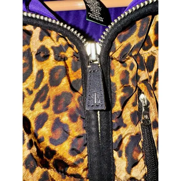 Lauren Ralph Lauren Womens 2X Puffer Vest Full Zip Up Cheetah Purple Quilted