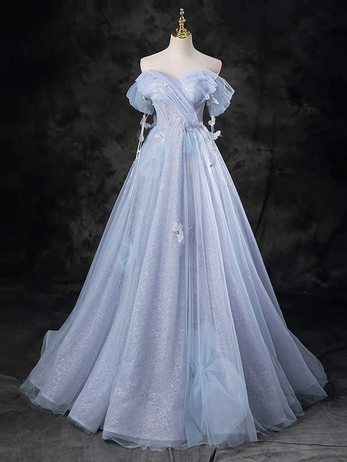 Light Blue A-line Off Shoulder Tulle and Lace Party Dress, Light Blue Prom Dress