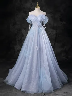 Light Blue A-line Off Shoulder Tulle and Lace Party Dress, Light Blue Prom Dress