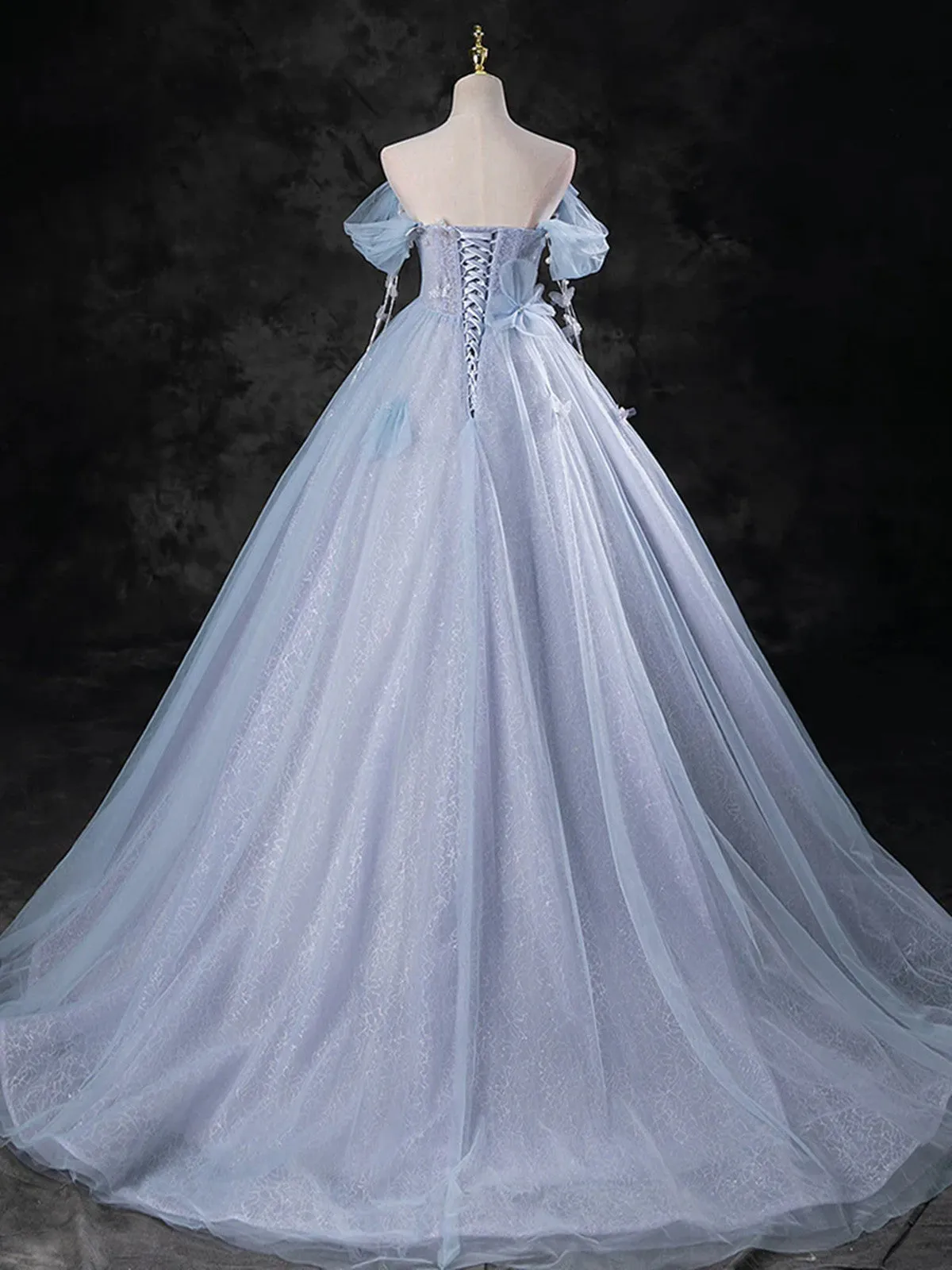 Light Blue A-line Off Shoulder Tulle and Lace Party Dress, Light Blue Prom Dress