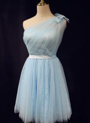 Light Blue One Shoulder Tulle and Lace Homecoming Dress, Bridesmaid Dress