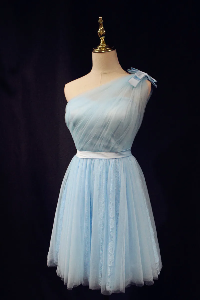 Light Blue One Shoulder Tulle and Lace Homecoming Dress, Bridesmaid Dress