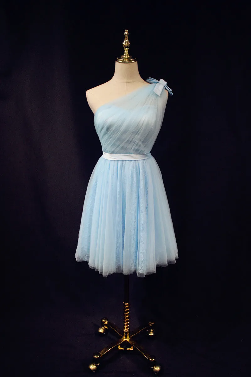 Light Blue One Shoulder Tulle and Lace Homecoming Dress, Bridesmaid Dress