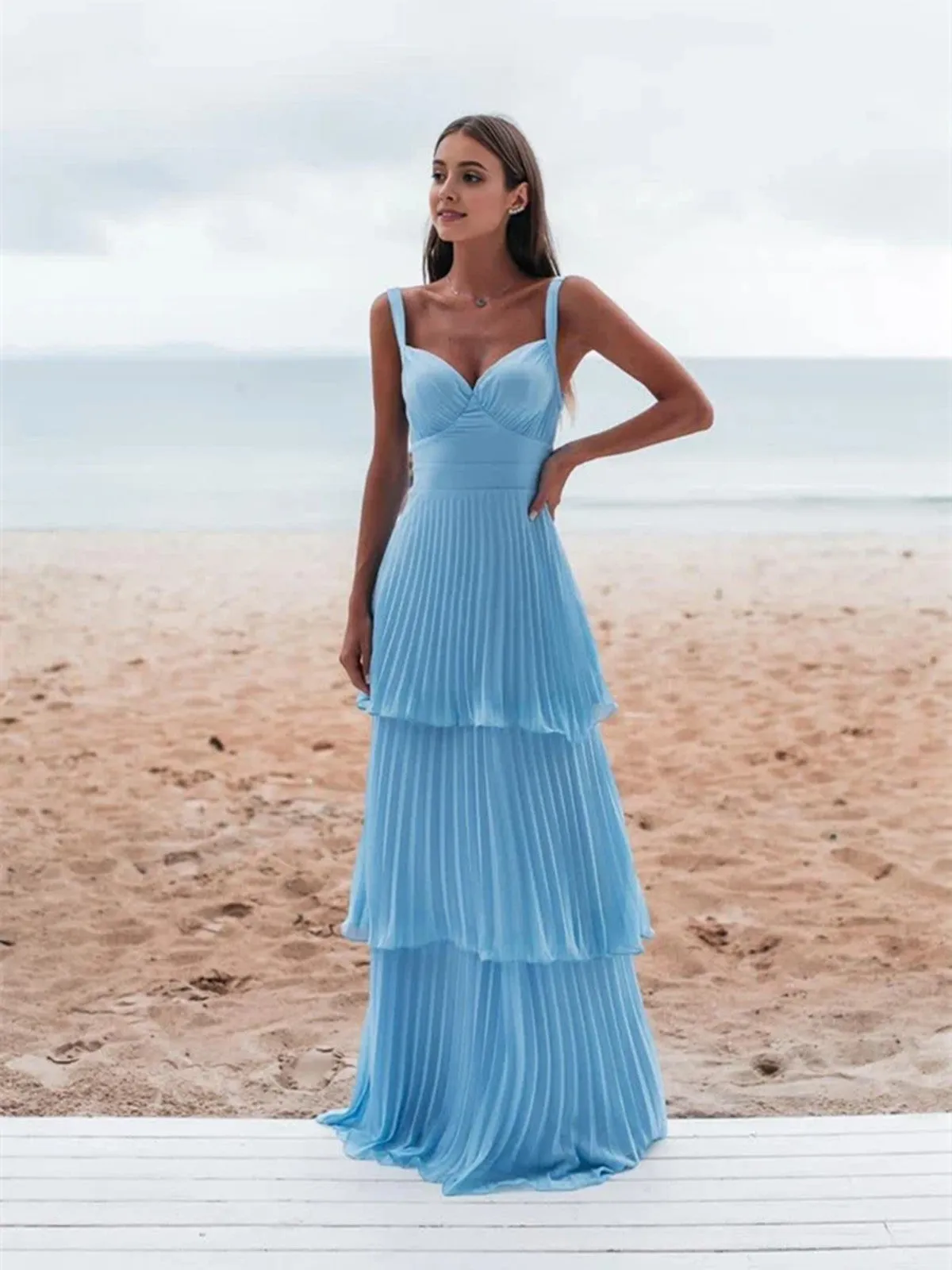 Light Blue Straps Chiffon Sweetheart Low Back Pary Dress, Light Blue Long Prom Dress