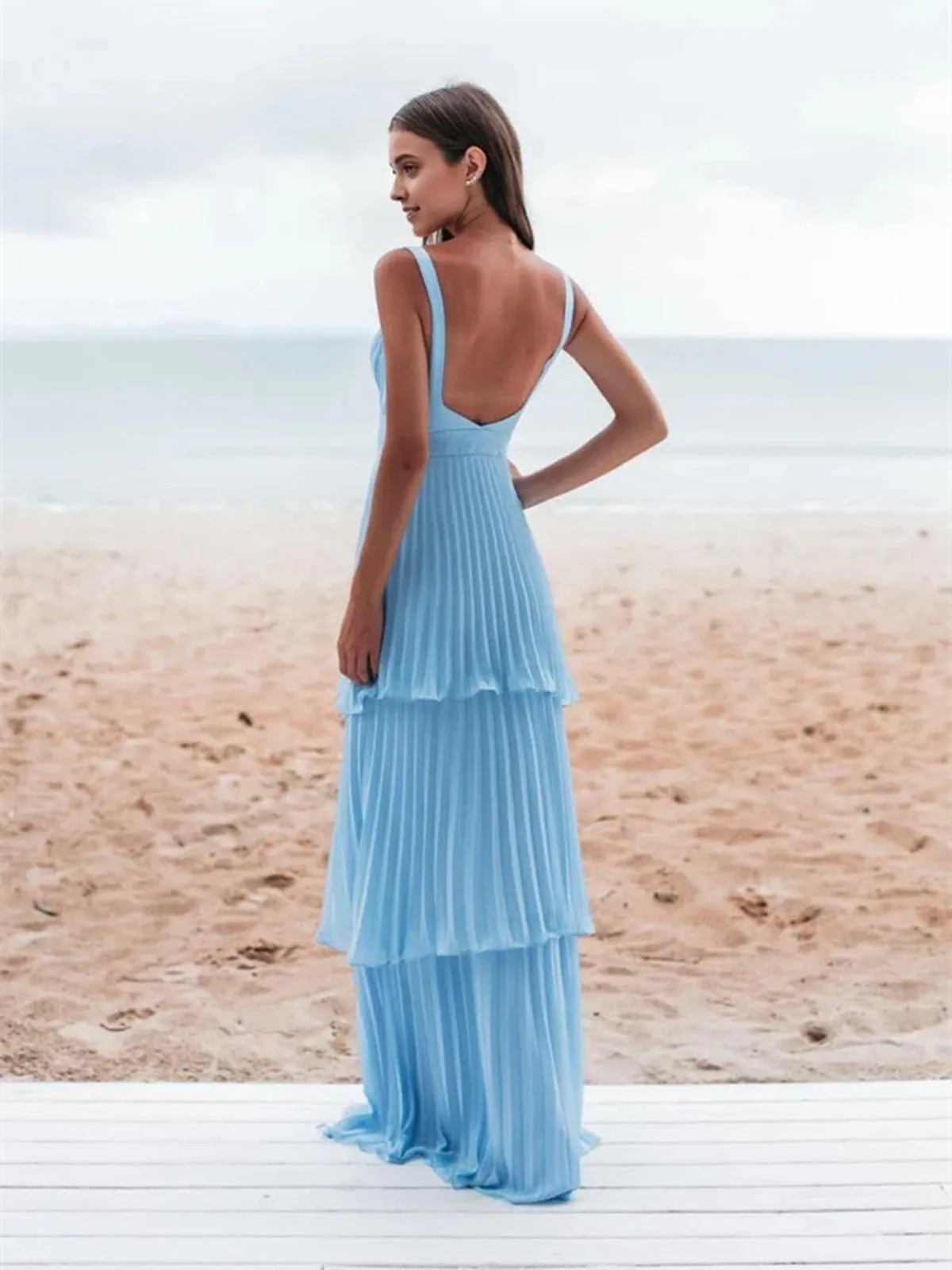 Light Blue Straps Chiffon Sweetheart Low Back Pary Dress, Light Blue Long Prom Dress
