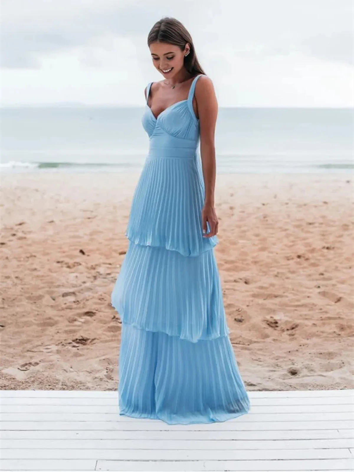 Light Blue Straps Chiffon Sweetheart Low Back Pary Dress, Light Blue Long Prom Dress
