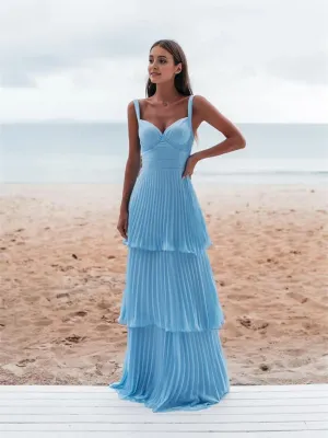 Light Blue Straps Chiffon Sweetheart Low Back Pary Dress, Light Blue Long Prom Dress
