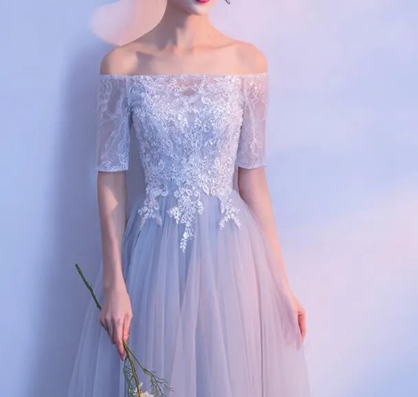 Light Grey Short Sleeves Tulle and Lace Wedding Party Dress, Cute Formal Gown