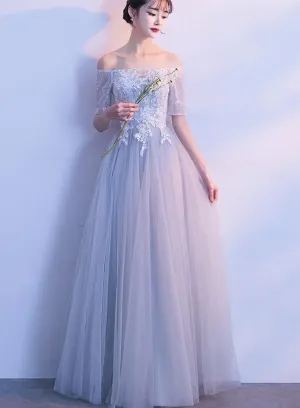 Light Grey Short Sleeves Tulle and Lace Wedding Party Dress, Cute Formal Gown
