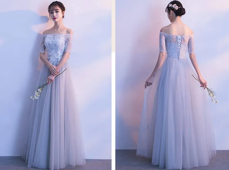 Light Grey Short Sleeves Tulle and Lace Wedding Party Dress, Cute Formal Gown