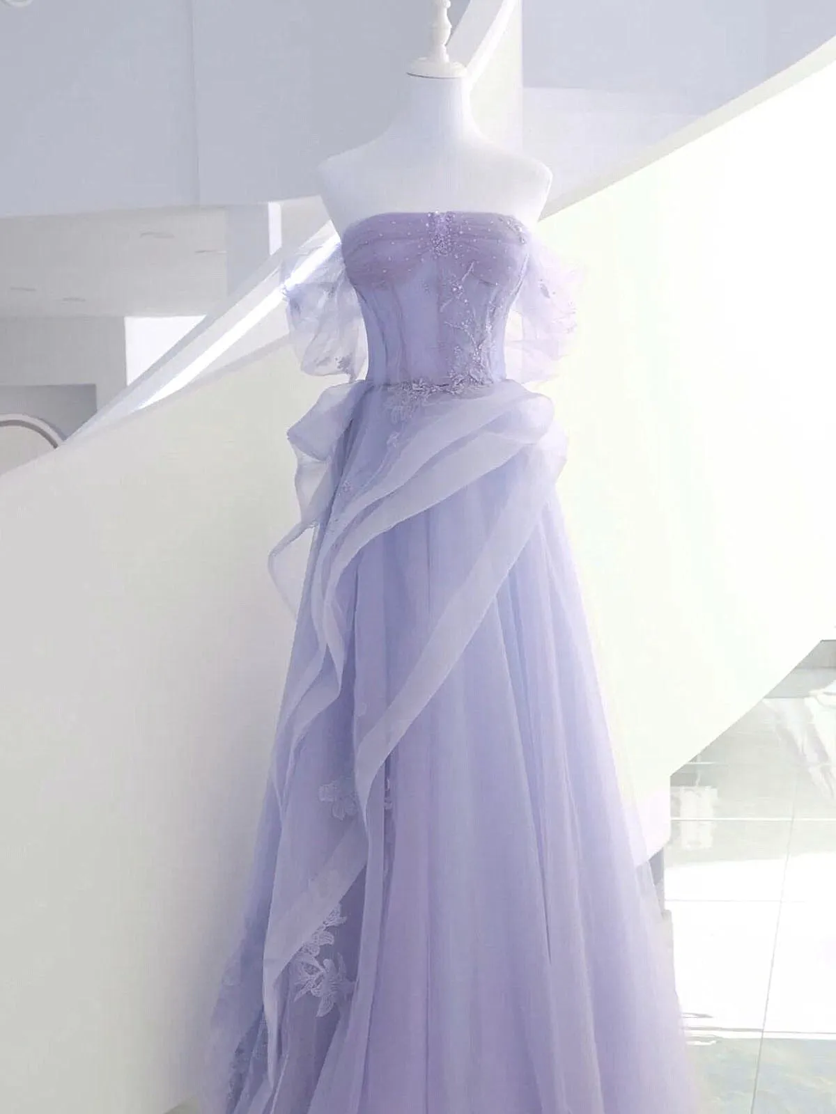Light Purple Scoop Long Tulle Party Dress with Lace, Light Purple Strapless Prom Dress