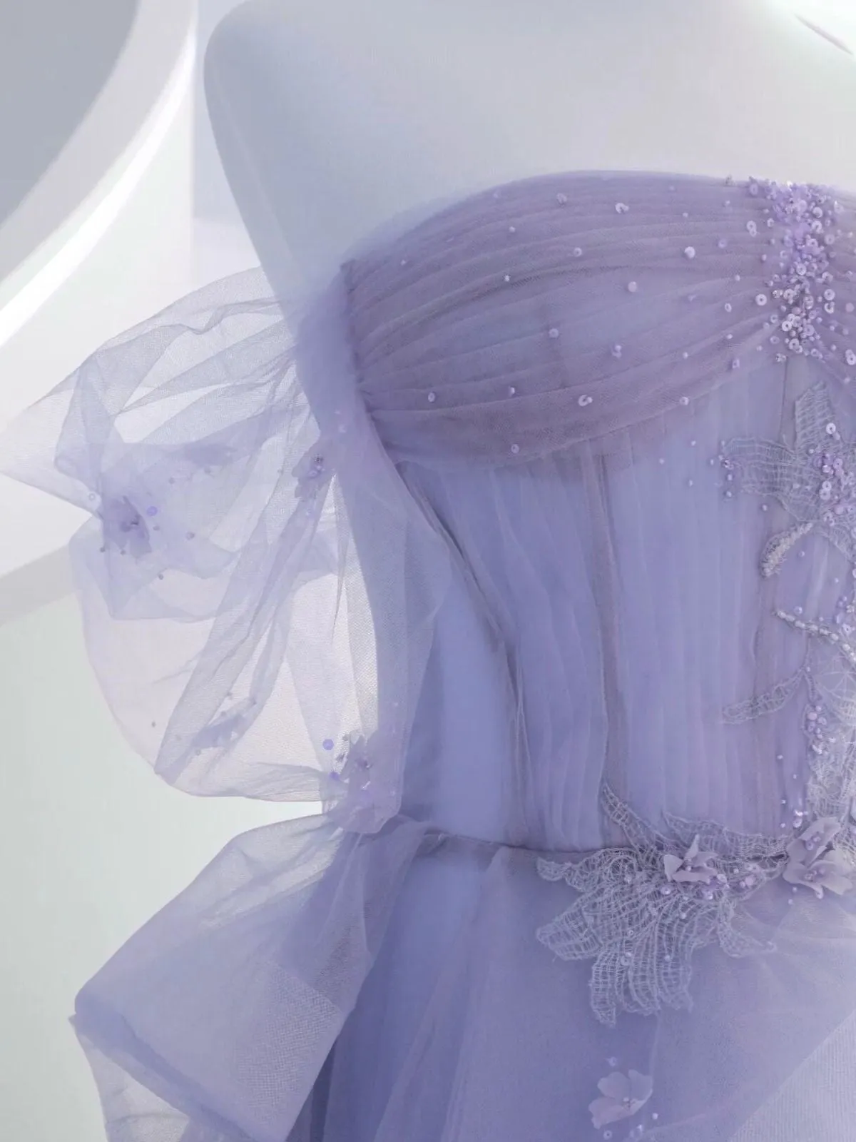 Light Purple Scoop Long Tulle Party Dress with Lace, Light Purple Strapless Prom Dress