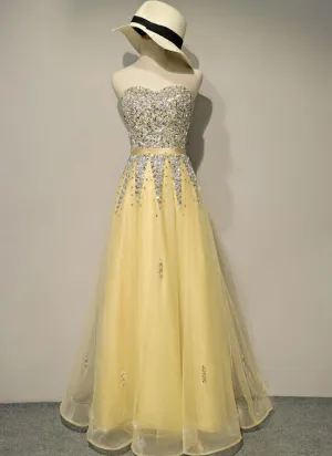 Light Yellow Sweetheart Sequins Tulle Long Prom Dress, New Party Dress
