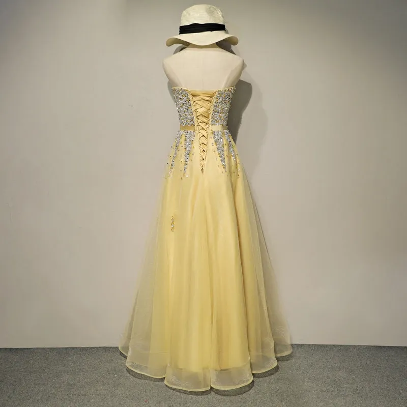 Light Yellow Sweetheart Sequins Tulle Long Prom Dress, New Party Dress