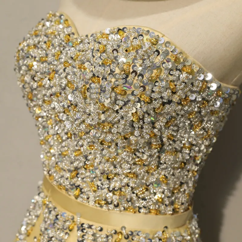 Light Yellow Sweetheart Sequins Tulle Long Prom Dress, New Party Dress
