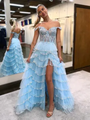 Lovely Light Blue Tulle And Lace Off Shoulder Party Dress, A-line Long Prom Dress
