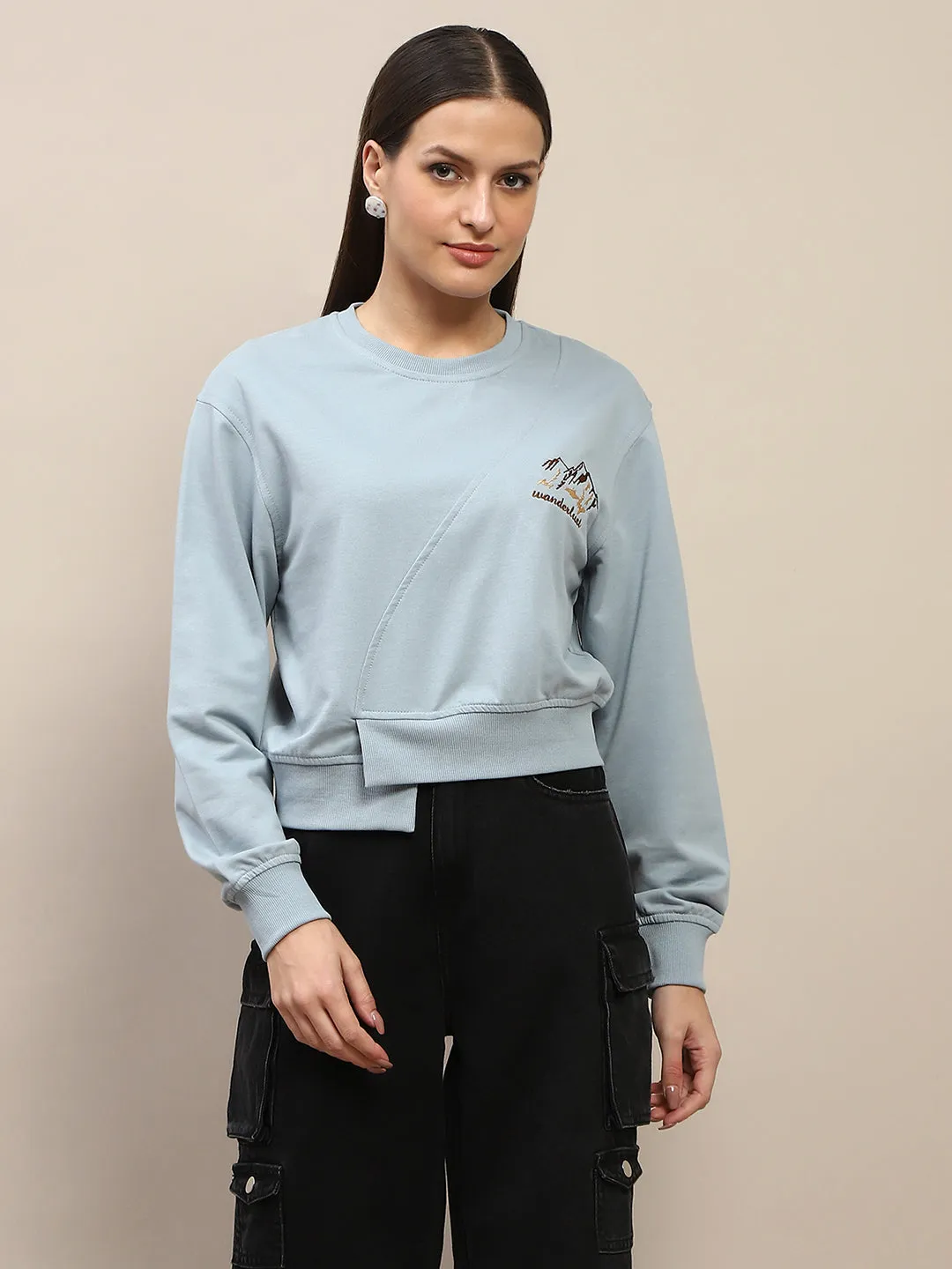 Madame Cotton Embroidery Detailed Light Sky Crop Sweatshirt
