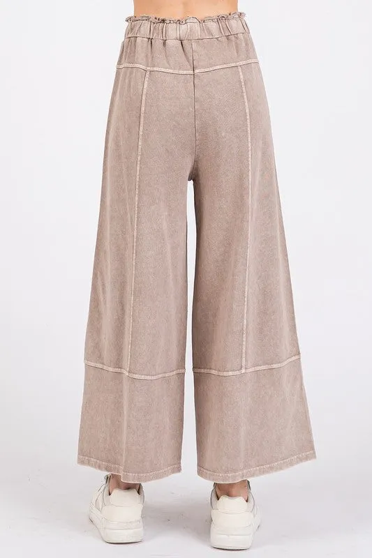 Mocha Color Mineral Wash Seam French Terry Wide Leg Pants