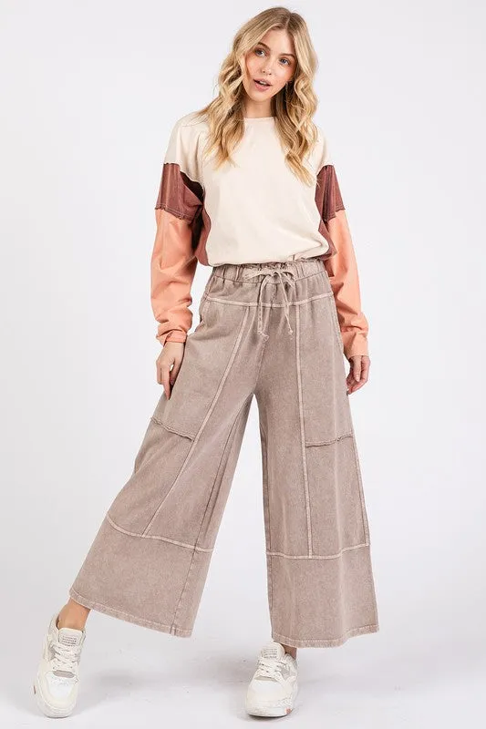 Mocha Color Mineral Wash Seam French Terry Wide Leg Pants