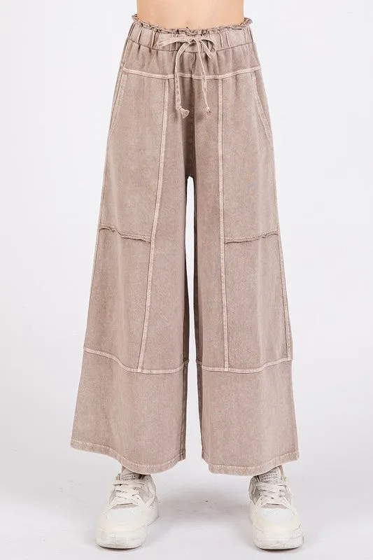 Mocha Color Mineral Wash Seam French Terry Wide Leg Pants