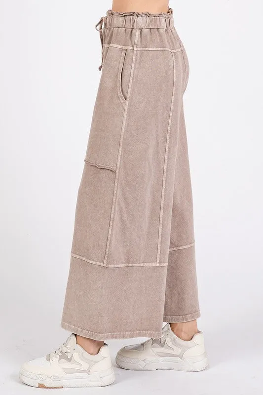 Mocha Color Mineral Wash Seam French Terry Wide Leg Pants