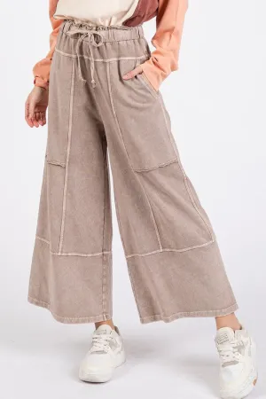 Mocha Color Mineral Wash Seam French Terry Wide Leg Pants