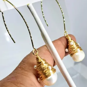 "Bird's Nest 2.5" Earrings - Pearls, Elongated French Hook
