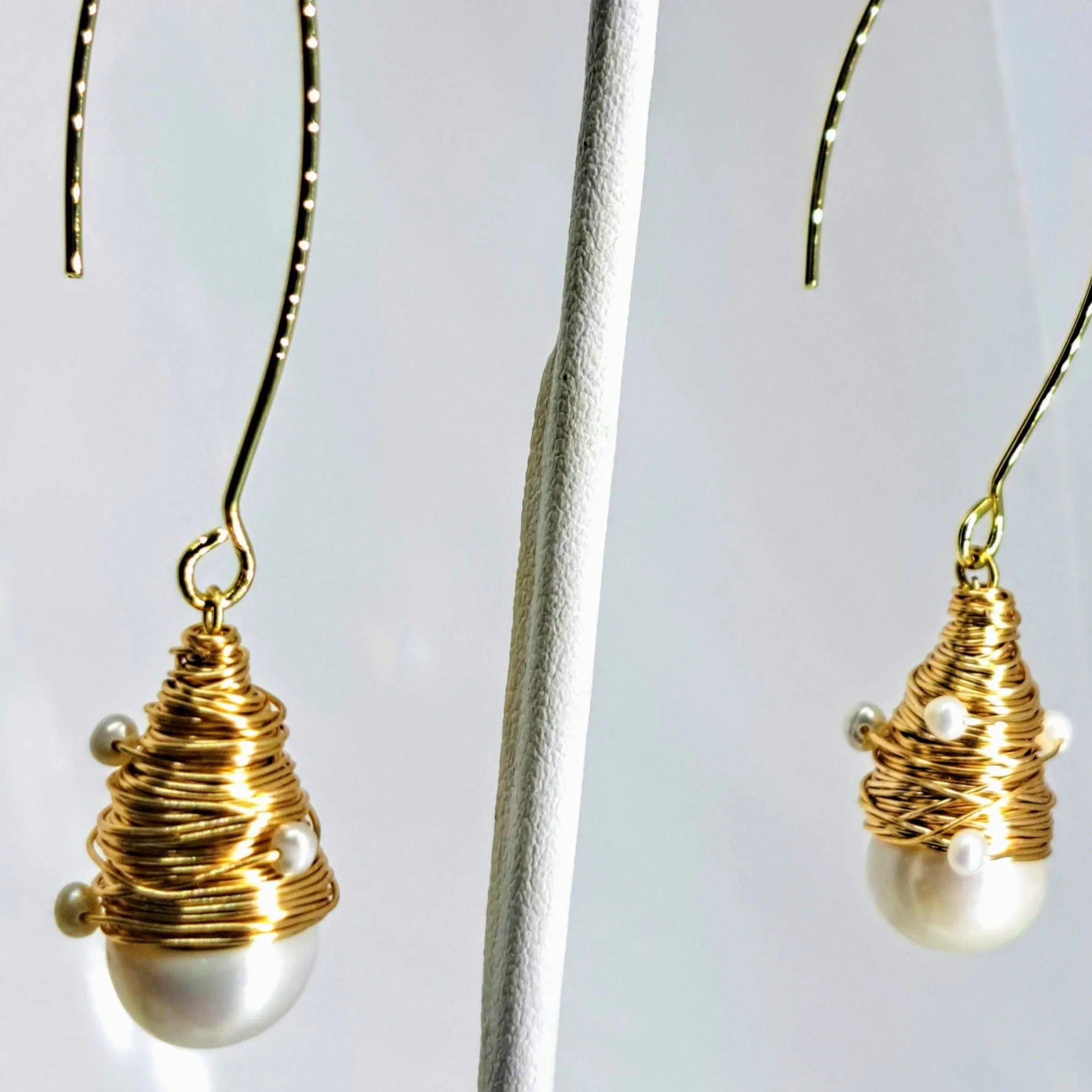 "Bird's Nest 2.5" Earrings - Pearls, Elongated French Hook