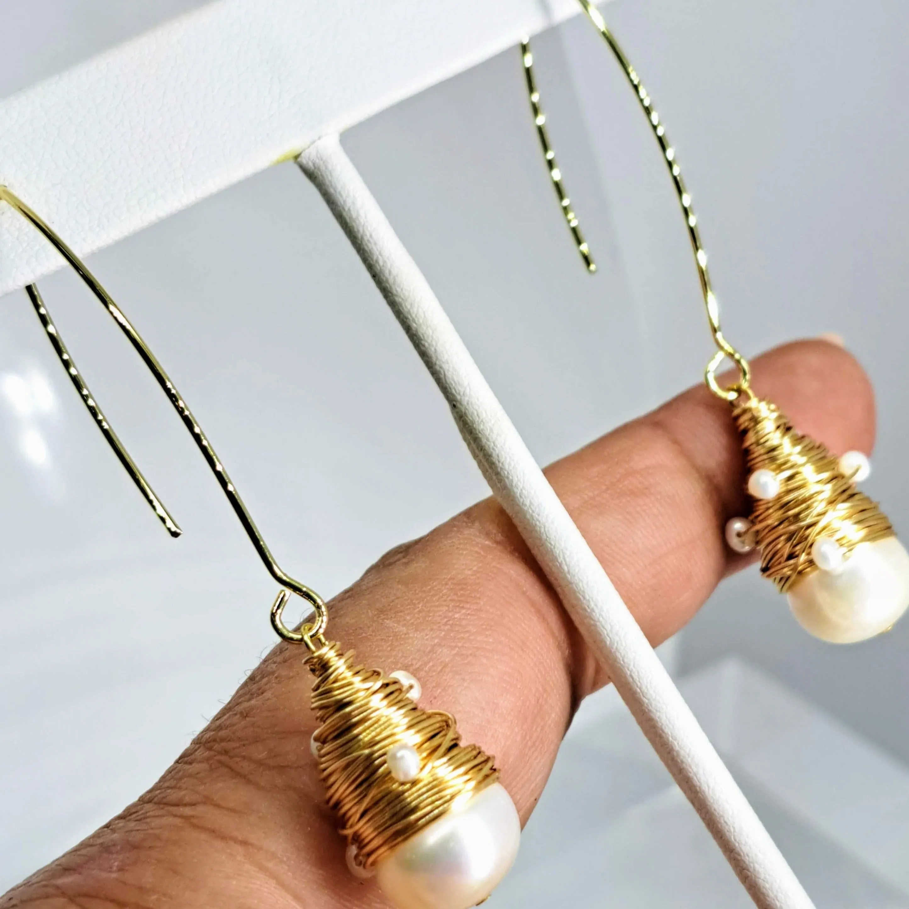 "Bird's Nest 2.5" Earrings - Pearls, Elongated French Hook