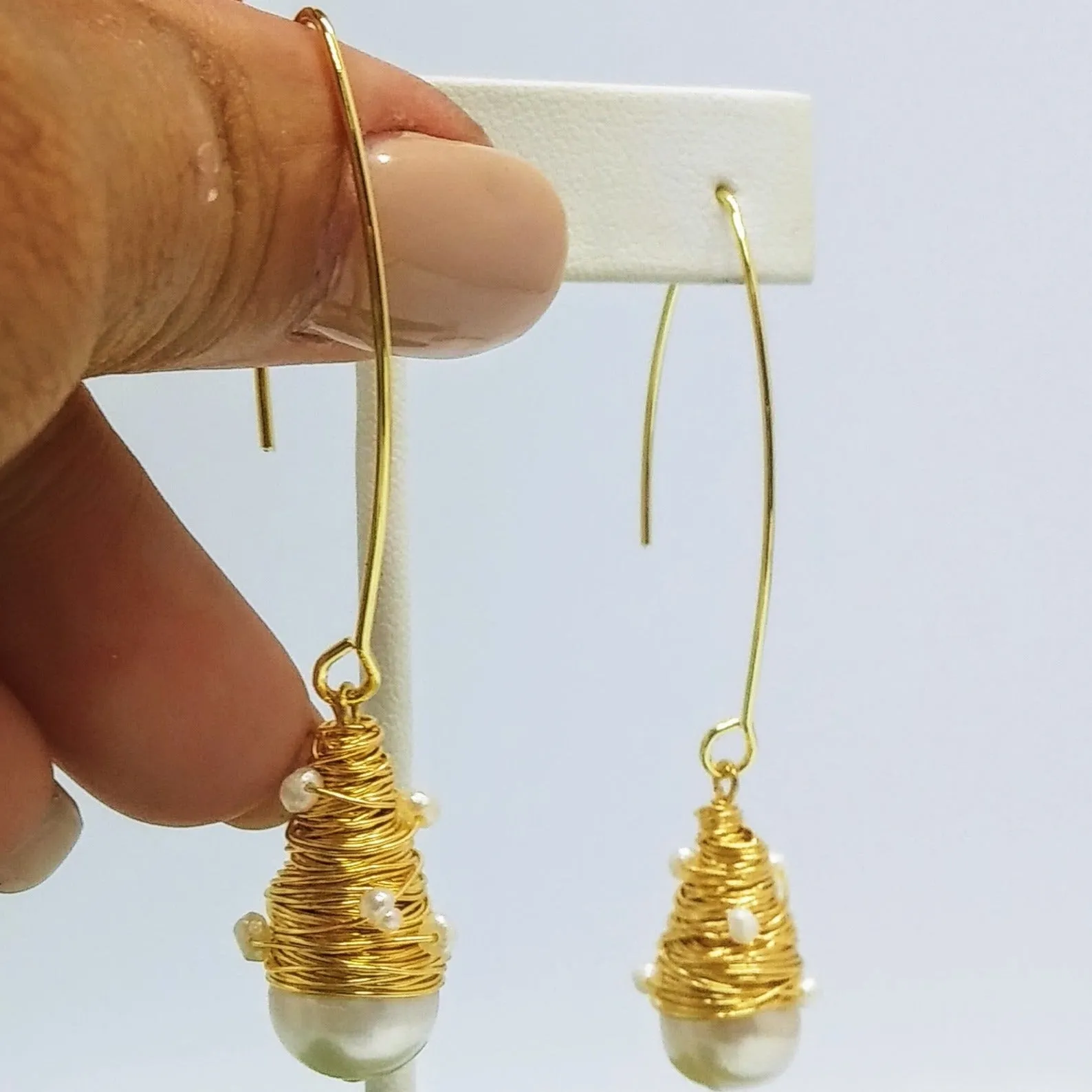 "Bird's Nest 2.5" Earrings - Pearls, Elongated French Hook