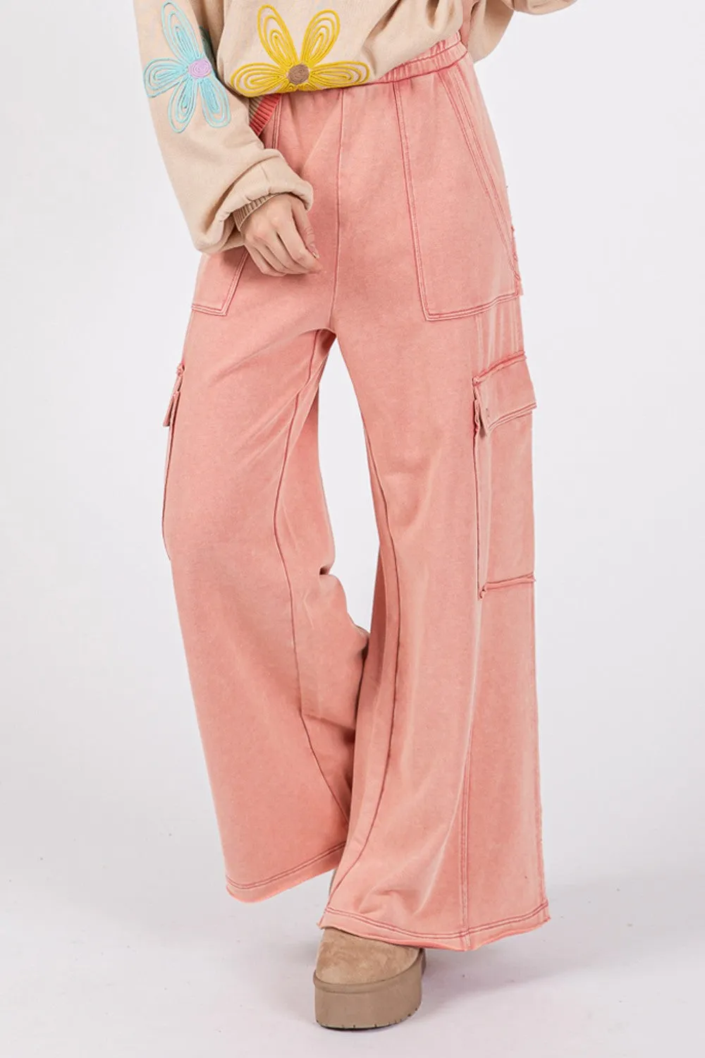 Rose Color Knit Terry Mineral Wash Wide Leg Pants