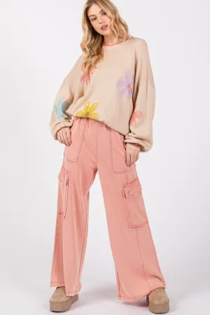 Rose Color Knit Terry Mineral Wash Wide Leg Pants
