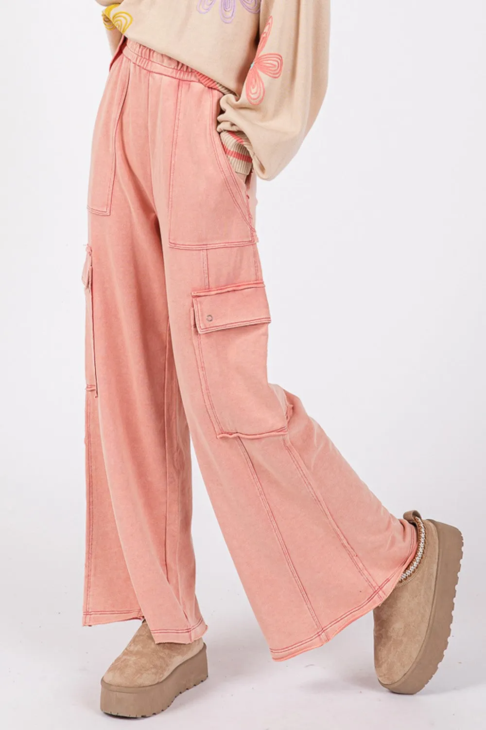 Rose Color Knit Terry Mineral Wash Wide Leg Pants