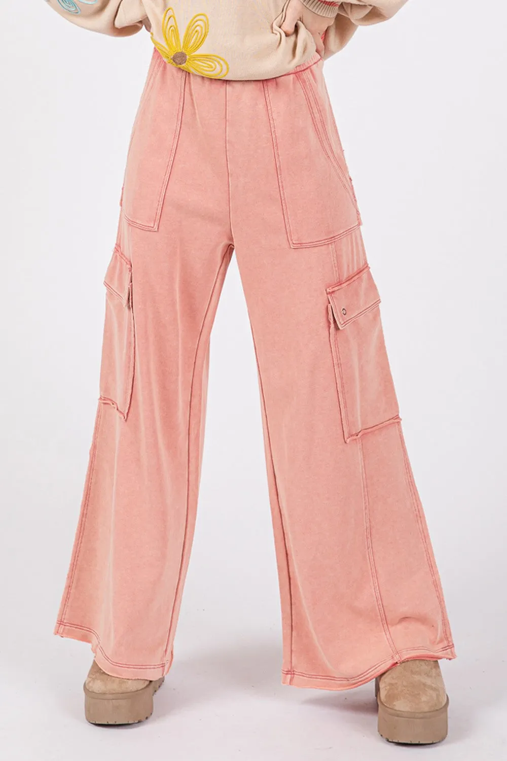 Rose Color Knit Terry Mineral Wash Wide Leg Pants