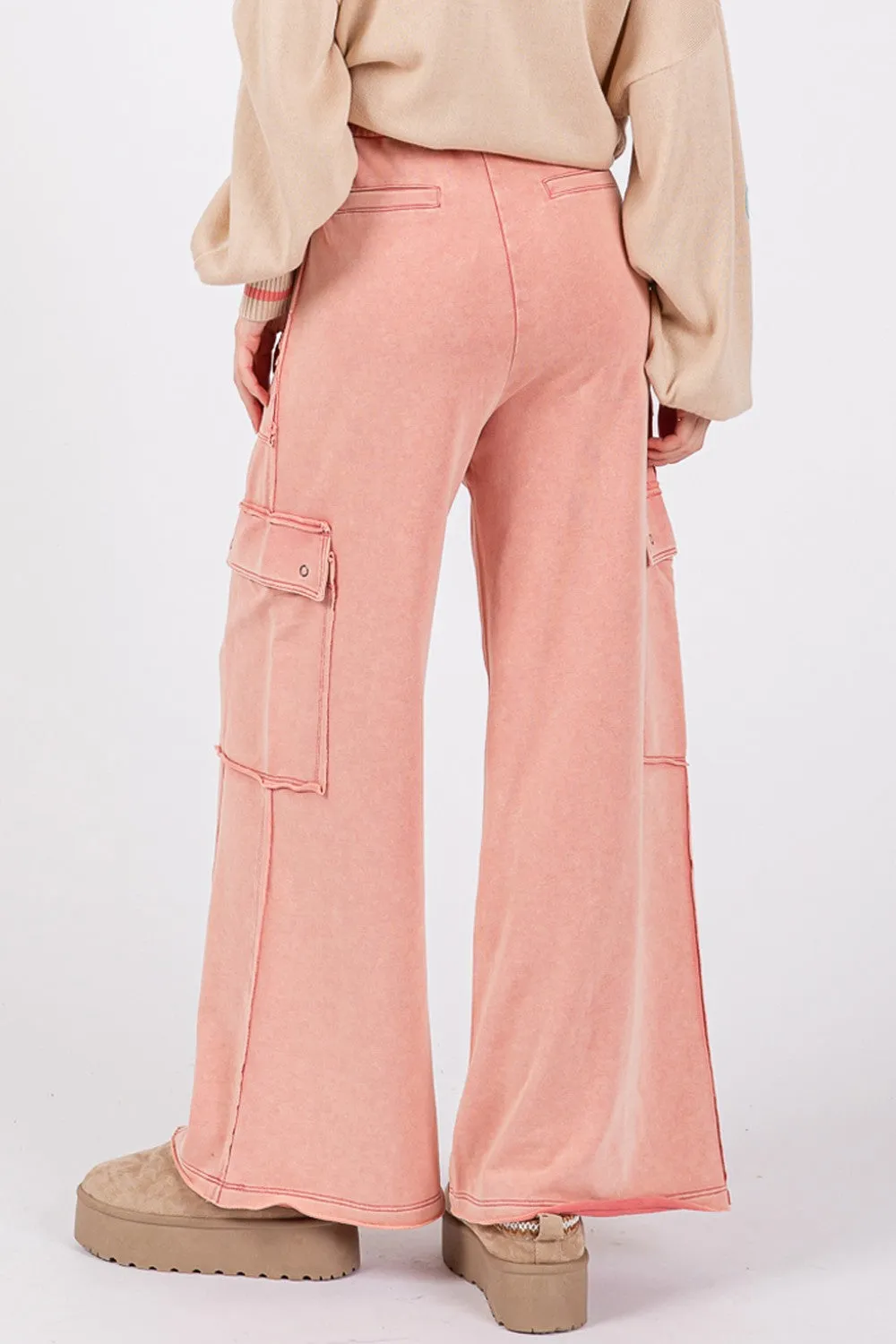 Rose Color Knit Terry Mineral Wash Wide Leg Pants