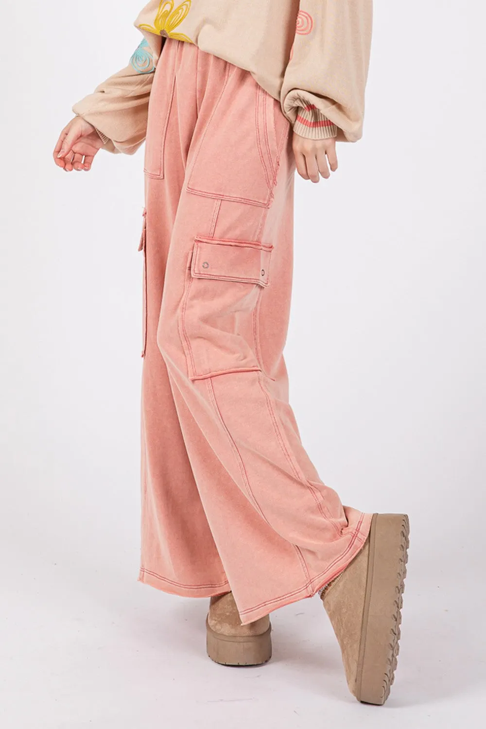 Rose Color Knit Terry Mineral Wash Wide Leg Pants