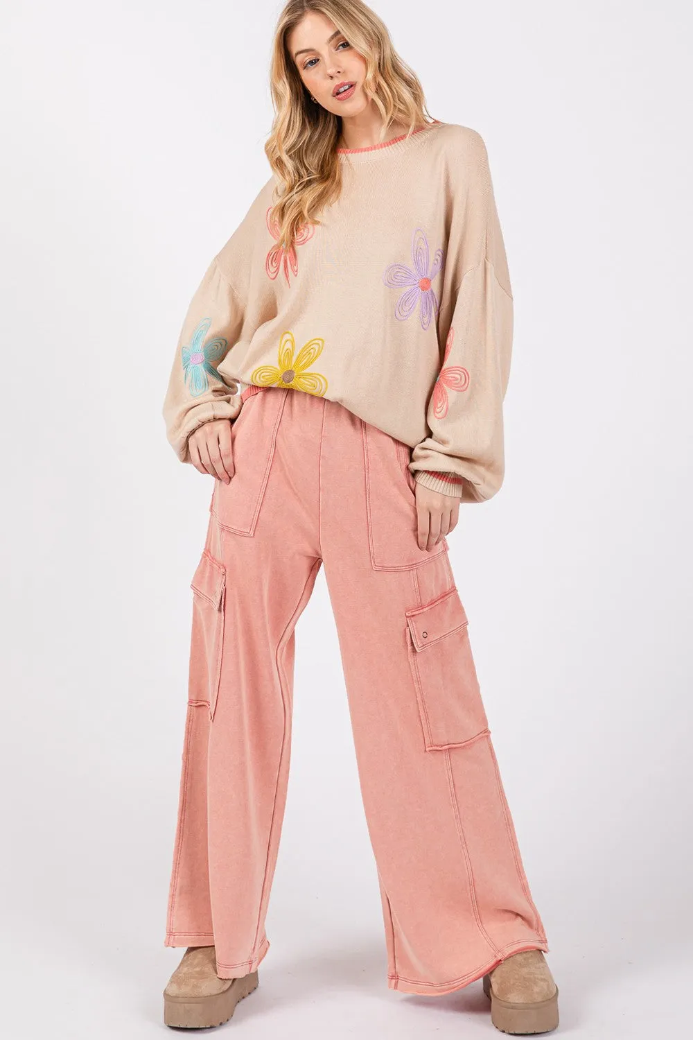 Rose Color Knit Terry Mineral Wash Wide Leg Pants