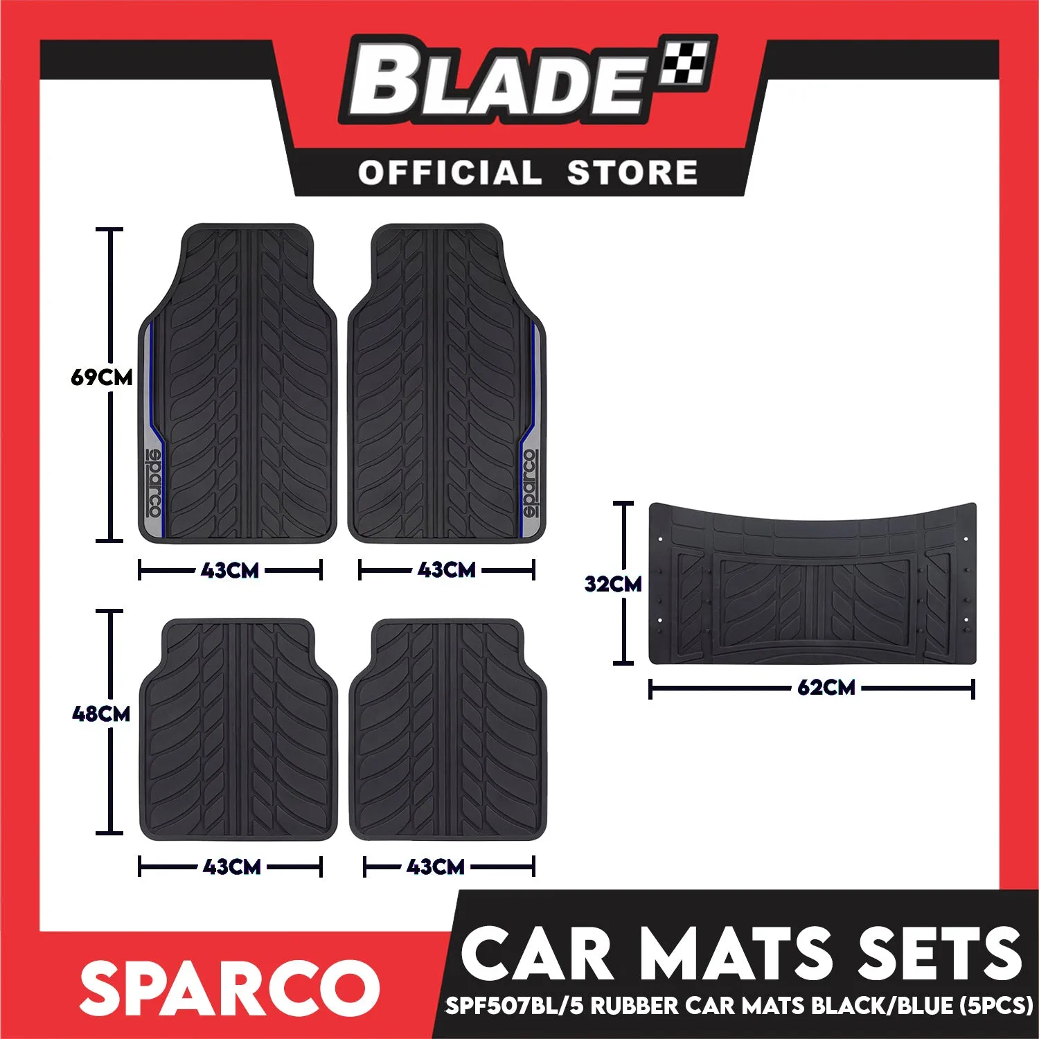 Sparco Corsa Car Mats Set of 5pcs Universal And Quick Installation SPF507BL-5 (Black with Blue) Rubber And Durable