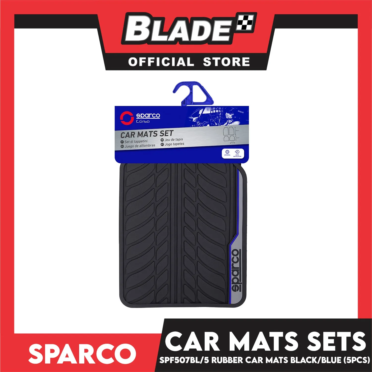 Sparco Corsa Car Mats Set of 5pcs Universal And Quick Installation SPF507BL-5 (Black with Blue) Rubber And Durable