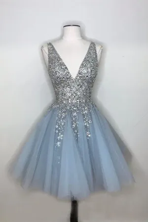 Sparkly A-line Deep V-neck Light Blue Short Homecoming Dress OKO64