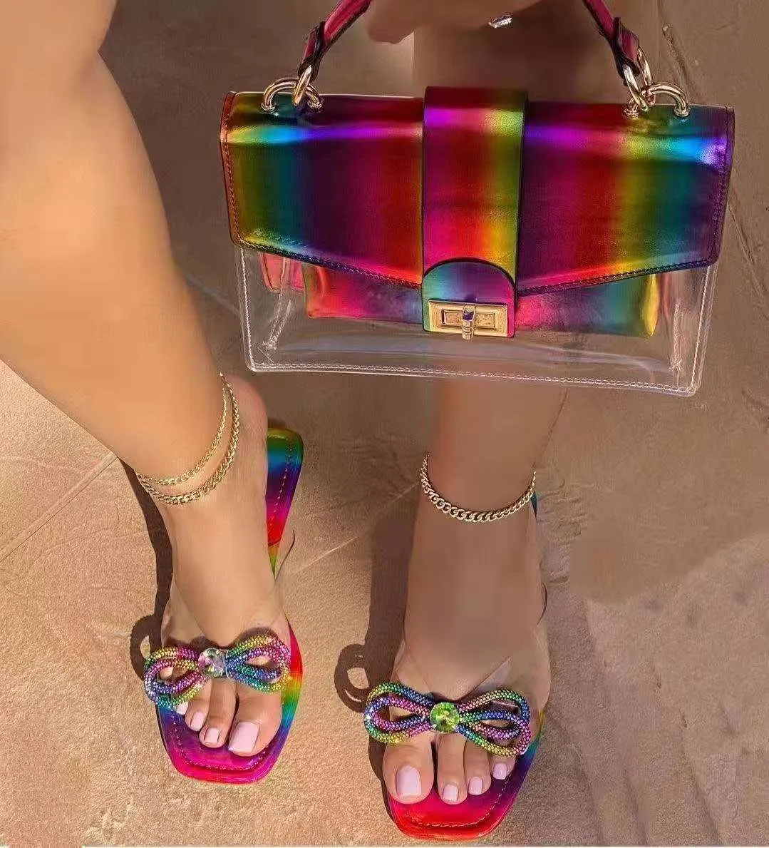 Square head rhinestone butterfly colorful slippers （only slippers）