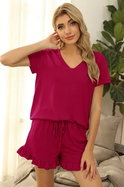 V-Neck Short Sleeve Top and Drawstring Shorts Lounge Set (7 Colors)
