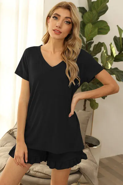 V-Neck Short Sleeve Top and Drawstring Shorts Lounge Set (7 Colors)