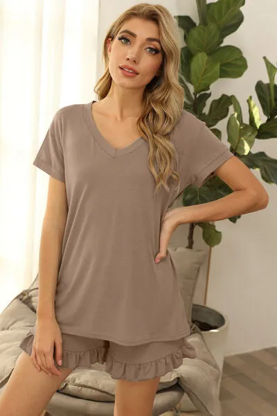 V-Neck Short Sleeve Top and Drawstring Shorts Lounge Set (7 Colors)