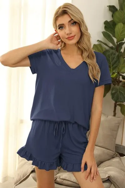 V-Neck Short Sleeve Top and Drawstring Shorts Lounge Set (7 Colors)