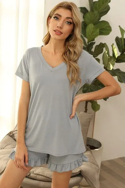 V-Neck Short Sleeve Top and Drawstring Shorts Lounge Set (7 Colors)